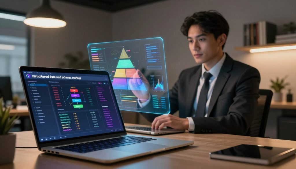A futuristic digital workspace illustrating "structured data and schema markup." In the foreground, a sleek laptop displays a colorful, interactive schema markup interface with various data types like JSON-LD, Microdata, and RDFa visibly represented. In the middle ground, a confident professional in business attire analyzes the screen, surrounded by holographic data visualizations that incorporate graphs and charts, demonstrating data hierarchy. The background features a modern office setting with ambient lighting, casting a warm glow, and shelves filled with books on SEO and technology. The atmosphere is focused and innovative, evoking a sense of mastery over technical SEO. Include a subtle logo of "Itaskers" integrated into the visuals. No text or watermarks present.