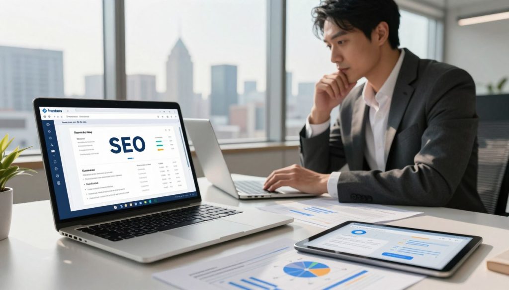 A futuristic office workspace showcasing a detailed technical SEO audit. In the foreground, a sleek laptop displays charts and website data related to SEO performance, specifically highlighting the Rank Math SEO tool for WordPress. Scattered SEO audit papers and a digital tablet lie nearby, featuring graphs and quick tips. The middle layer includes a focused professional in smart business attire, analyzing the data on the laptop with a thoughtful expression. In the background, a large window reveals a city skyline bathed in soft, natural daylight, adding warmth to the scene. The atmosphere is one of concentration and innovation, emphasizing the importance of technical SEO in website performance. The brand "Itaskers" subtly appears on the laptop screen, ensuring a cohesive theme throughout. A futuristic office workspace showcasing a detailed technical SEO audit. In the foreground, a sleek laptop displays charts and website data related to SEO performance, specifically highlighting the Rank Math SEO tool for WordPress. Scattered SEO audit papers and a digital tablet lie nearby, featuring graphs and quick tips. The middle layer includes a focused professional in smart business attire, analyzing the data on the laptop with a thoughtful expression. In the background, a large window reveals a city skyline bathed in soft, natural daylight, adding warmth to the scene. The atmosphere is one of concentration and innovation, emphasizing the importance of technical SEO in website performance. The brand "Itaskers" subtly appears on the laptop screen, ensuring a cohesive theme throughout.