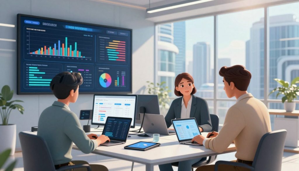A high-tech office environment with a large digital dashboard displaying colorful graphs, charts, and metrics illustrating search success analytics. In the foreground, a diverse group of three business professionals, dressed in smart casual attire, intently analyzing the data on screens. In the middle, a sleek modern table cluttered with devices like laptops and tablets, showcasing various search performance indicators. The background features a futuristic cityscape visible through large glass windows, with natural daylight streaming in, creating a bright and inspiring atmosphere. Soft shadows enhance the dimensionality, and a slight lens flare adds a dynamic touch. The overall mood is focused and innovative, perfect for an advanced analytics discussion on SEO. A high-tech office environment with a large digital dashboard displaying colorful graphs, charts, and metrics illustrating search success analytics. In the foreground, a diverse group of three business professionals, dressed in smart casual attire, intently analyzing the data on screens. In the middle, a sleek modern table cluttered with devices like laptops and tablets, showcasing various search performance indicators. The background features a futuristic cityscape visible through large glass windows, with natural daylight streaming in, creating a bright and inspiring atmosphere. Soft shadows enhance the dimensionality, and a slight lens flare adds a dynamic touch. The overall mood is focused and innovative, perfect for an advanced analytics discussion on SEO.