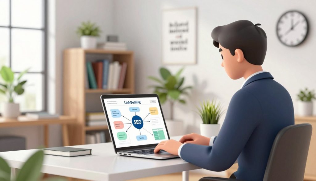 A modern digital PR workspace, showcasing a professional individual in business attire, diligently working at a sleek desk. In the foreground, a laptop screen displays a dynamic flowchart of link-building strategies and SEO analytics. The middle ground features a bookshelf filled with marketing and technology books, alongside a few greenery plants adding life to the scene. In the background, large windows allow natural light to flood in, creating a bright and motivating atmosphere. The room is organized and minimalistic, with soft focus on decorative elements like a motivational wall art piece and a digital clock showing the time. The overall mood should evoke productivity, innovation, and the forward-thinking nature of digital public relations in a tech-savvy environment. A modern digital PR workspace, showcasing a professional individual in business attire, diligently working at a sleek desk. In the foreground, a laptop screen displays a dynamic flowchart of link-building strategies and SEO analytics. The middle ground features a bookshelf filled with marketing and technology books, alongside a few greenery plants adding life to the scene. In the background, large windows allow natural light to flood in, creating a bright and motivating atmosphere. The room is organized and minimalistic, with soft focus on decorative elements like a motivational wall art piece and a digital clock showing the time. The overall mood should evoke productivity, innovation, and the forward-thinking nature of digital public relations in a tech-savvy environment.
