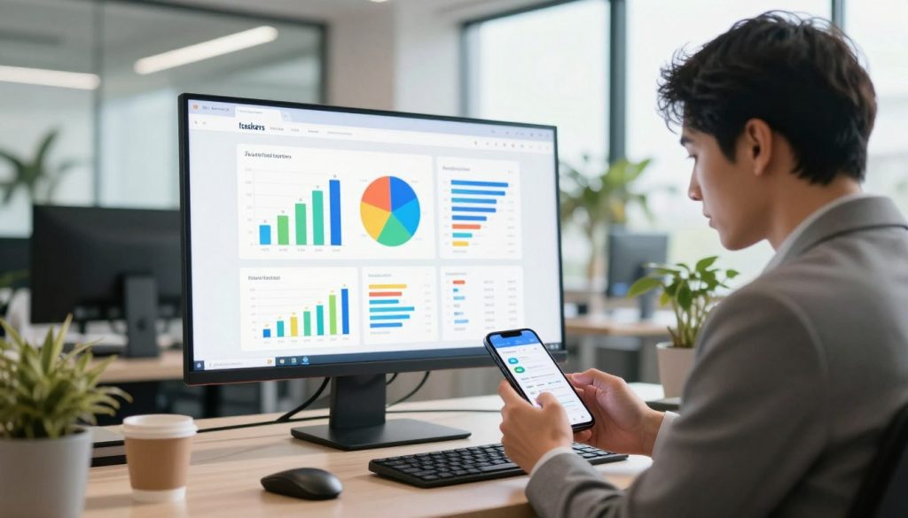 A modern office setting centered around mobile-first indexing for SEO. In the foreground, a professional-looking individual in business attire, focused on a sleek smartphone displaying analytical data. The middle layer shows a large screen presenting vibrant graphs and charts related to web traffic and mobile optimization. In the background, airy office architecture with large windows letting in natural light, palm trees visible outside, creating a fresh and productive atmosphere. Soft shadows enhance the depth of the scene. The overall mood is one of innovation and efficiency, highlighting the importance of mobile optimization in technical on-page SEO. Incorporate the brand name "Itaskers" subtly in the design elements around the workspace.