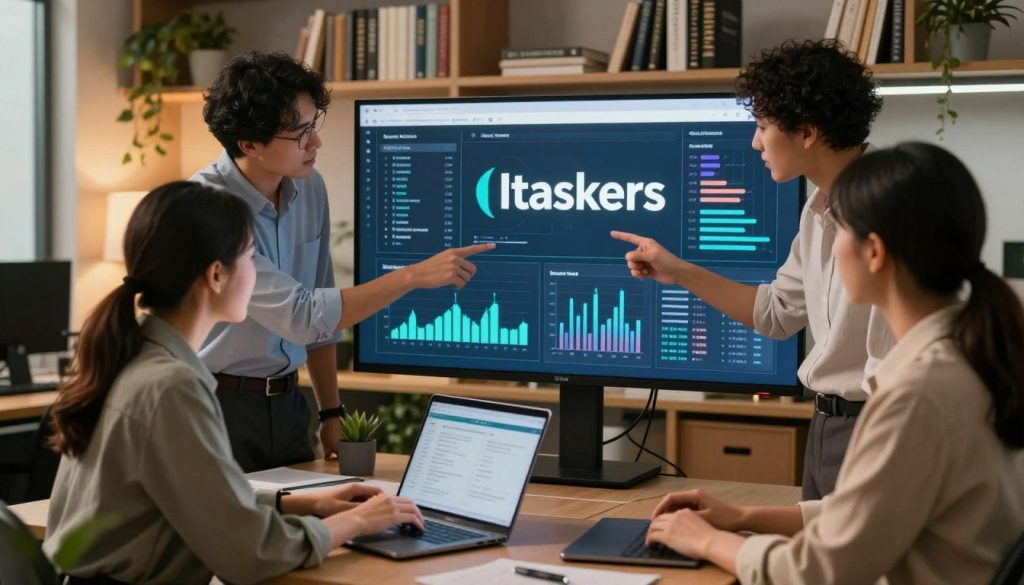 A sleek and modern office environment, featuring a diverse group of professionals focused on a large digital screen displaying the Itaskers logo alongside visual analytics and graphs symbolizing content optimization. In the foreground, a confident woman in smart casual attire types on a laptop, while two colleagues, one male and one female in professional attire, engage in discussion, pointing at the screen. The background showcases bookshelves filled with industry-related books and plants, adding a touch of greenery. Soft, warm lighting creates an inviting atmosphere, highlighting the collaborative effort. The camera angle is positioned slightly above eye level, capturing the team's engaged expressions, emphasizing the teamwork and innovation in content optimization. A sleek and modern office environment, featuring a diverse group of professionals focused on a large digital screen displaying the Itaskers logo alongside visual analytics and graphs symbolizing content optimization. In the foreground, a confident woman in smart casual attire types on a laptop, while two colleagues, one male and one female in professional attire, engage in discussion, pointing at the screen. The background showcases bookshelves filled with industry-related books and plants, adding a touch of greenery. Soft, warm lighting creates an inviting atmosphere, highlighting the collaborative effort. The camera angle is positioned slightly above eye level, capturing the team's engaged expressions, emphasizing the teamwork and innovation in content optimization.