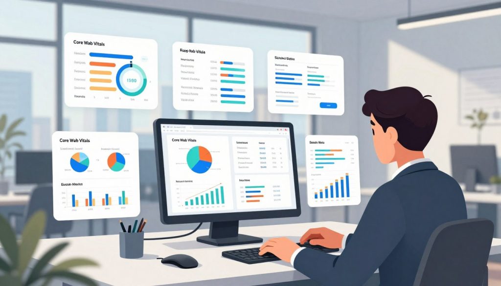 A sleek, modern office environment showcasing technical SEO elements. In the foreground, a professional individual in business attire is analyzing a computer screen filled with graphs, metrics, and web performance indicators. The screen displays vibrant representations of Core Web Vitals, such as loading speed, interactivity, and visual stability. In the middle ground, there are informational diagrams and SEO tools, like keyword search metrics and site audit reports. The background features a large window with cityscape views, bathing the room in natural light, highlighting a sense of openness and innovation. The overall mood is focused and dynamic, emphasizing the importance of leveraging technical SEO for optimal website performance. The scene is captured from a slightly elevated angle to give a comprehensive view of the office setup. A sleek, modern office environment showcasing technical SEO elements. In the foreground, a professional individual in business attire is analyzing a computer screen filled with graphs, metrics, and web performance indicators. The screen displays vibrant representations of Core Web Vitals, such as loading speed, interactivity, and visual stability. In the middle ground, there are informational diagrams and SEO tools, like keyword search metrics and site audit reports. The background features a large window with cityscape views, bathing the room in natural light, highlighting a sense of openness and innovation. The overall mood is focused and dynamic, emphasizing the importance of leveraging technical SEO for optimal website performance. The scene is captured from a slightly elevated angle to give a comprehensive view of the office setup.