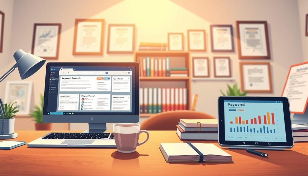A well-lit office workspace with a desk, computer, and various digital marketing tools displayed prominently. In the foreground, a laptop screen showcases several keyword research software applications, each with clear and informative user interfaces. In the middle ground, a smartphone displays analytics and keyword data, while a cup of coffee and a notebook suggest a focused, productive atmosphere. The background features shelves of reference books and framed certificates, conveying a sense of expertise and professionalism. The lighting is bright and warm, creating a clean, modern aesthetic that reflects the digital nature of the subject matter. How To Find Low Competitive Keywords With High Traffic